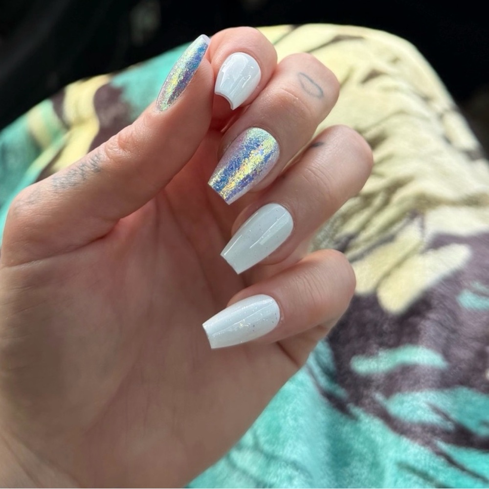 10 PC White & Holographic premium gel press on Nails